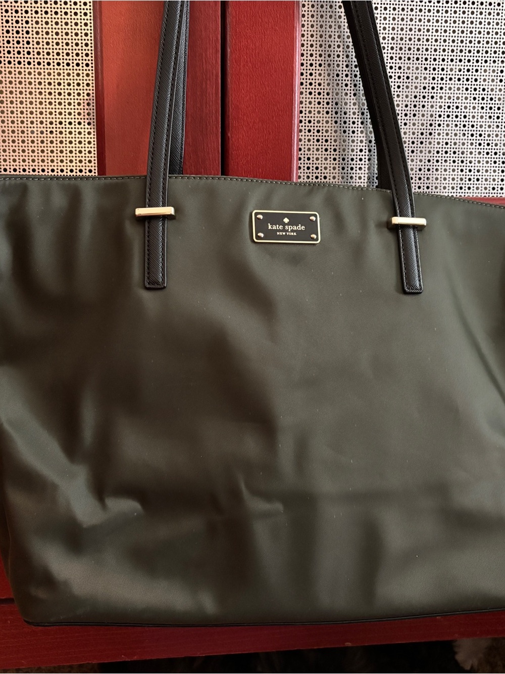 kate spade green nylon tote with gold accents